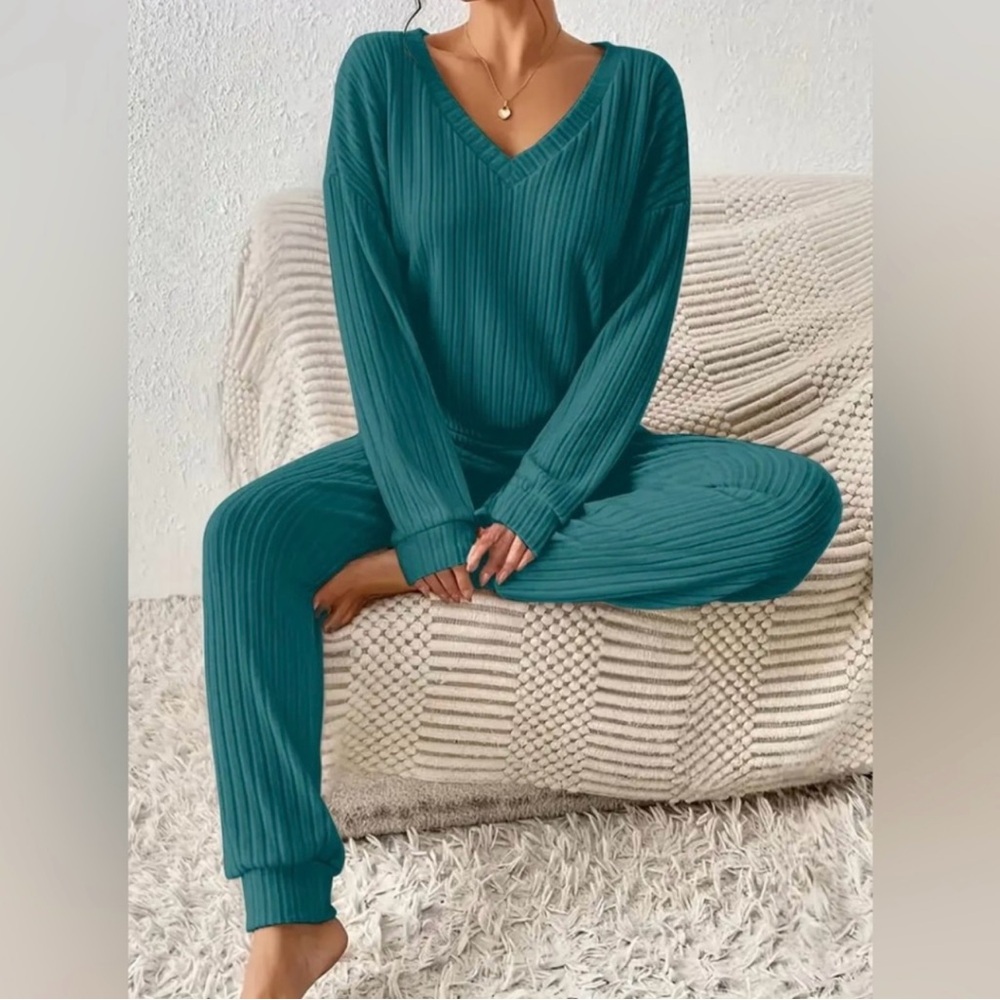 Teal V-Neck Ribbed Lounge Set